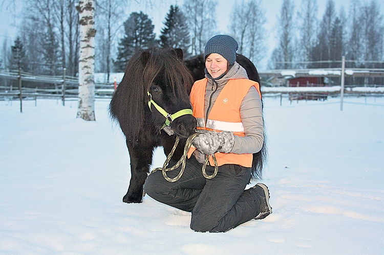 Minna Väisänen valmistautuu lähtemään poninsa Joukon kanssa talviselle metsäkävelylle.